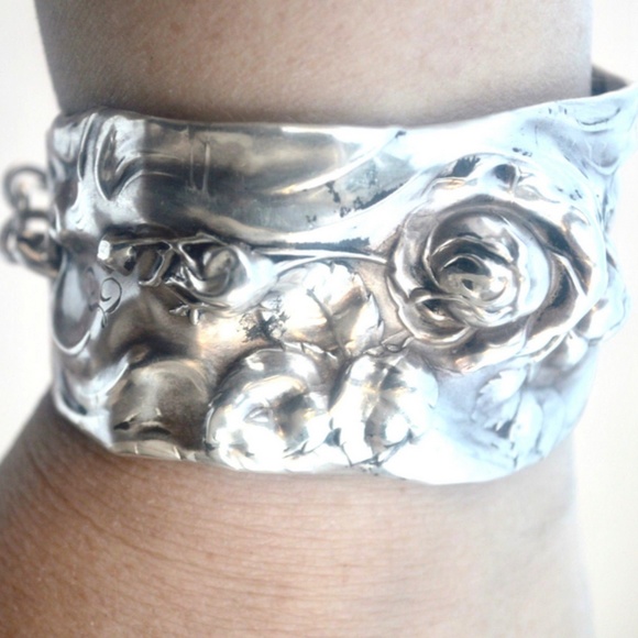 Antique Obsessions Jewelry - Floral Antique Cuff Bracelet Sterling Silver Rose